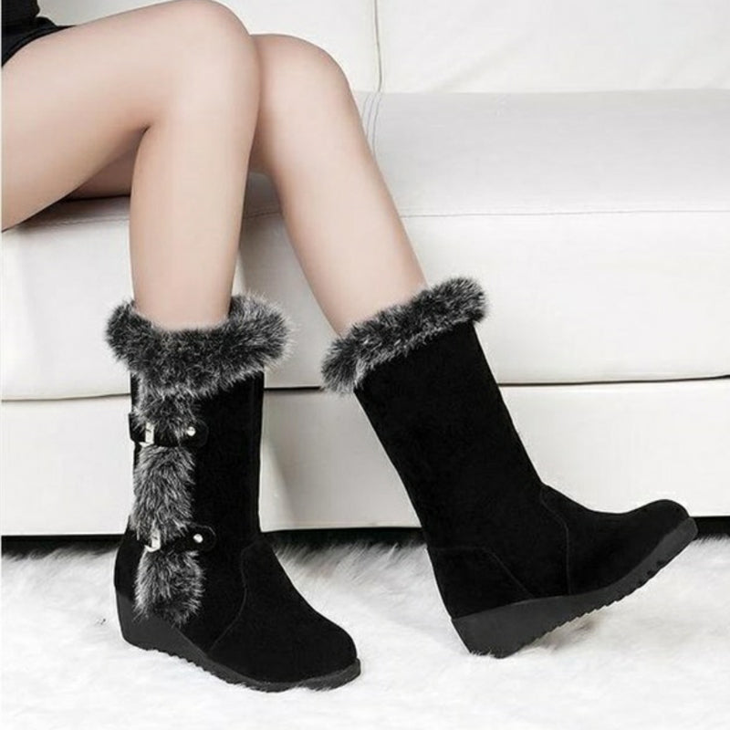 Brown New Winter Women Casual Warm Fur Mid-Calf Boots Shoes Women Slip-On Round Toe Flats Snow Boots Shoes - Leeb's Warehouse