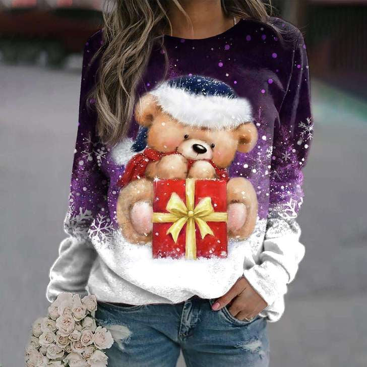 Women's Christmas Tree Printed Casual Loose Long Sleeve Round Neck Sweatshirt - Leeb's Warehouse