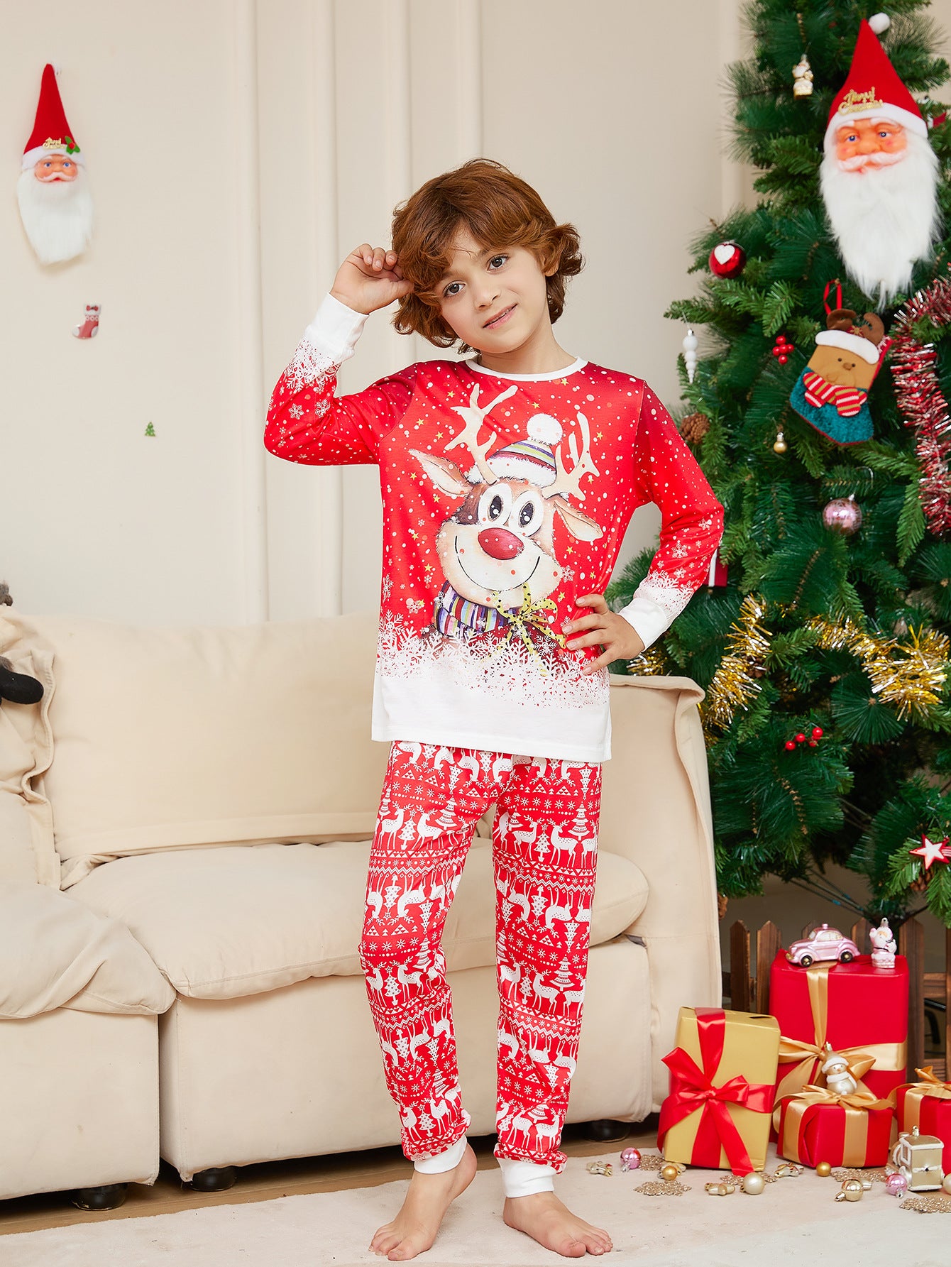 Cartoon Reindeer Christmas Pajama Set - Leeb's Warehouse